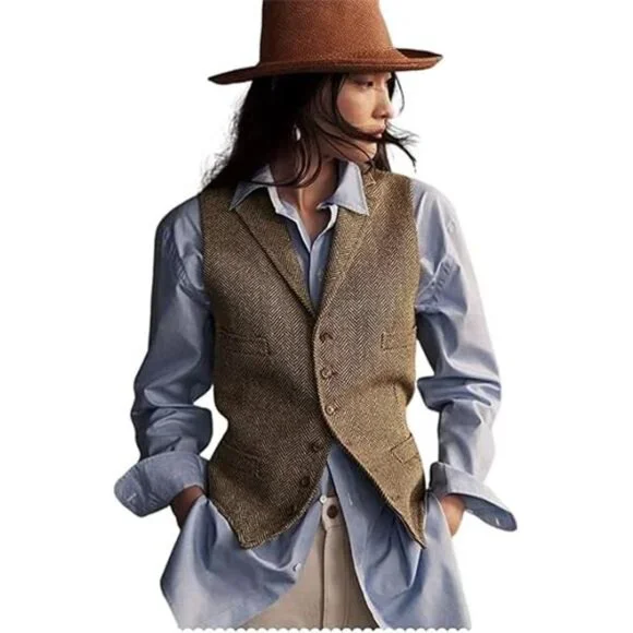 Womens Herringbone Tweed Waistcoat Lapel Sleeveless Blazers V Neck Work Office - Picture 7 of 7